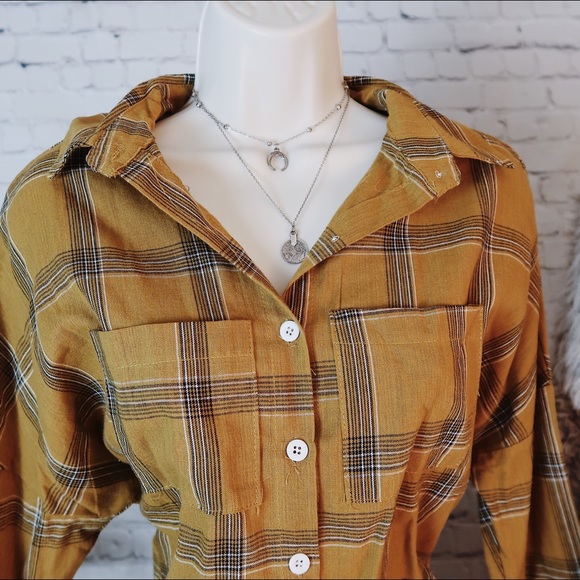Fall Vintage Retro Yellow Mustard Plaid Flannel - Picture 2 of 2